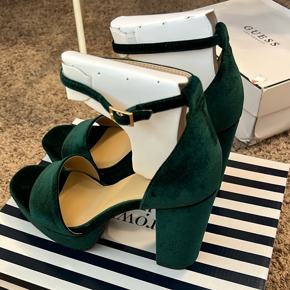 Green velvet platform heels